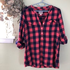 Navy and coral plaid shirt
